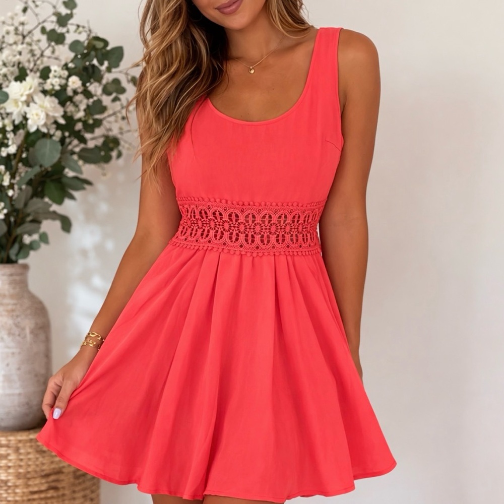 Charming Charlie Coral Fit & Flare Mini Dress with crochet waist, size large